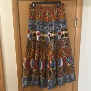 Theo Women’s Vintage Colorful Patchwork Mixed Print Midi Skirt Blue Large